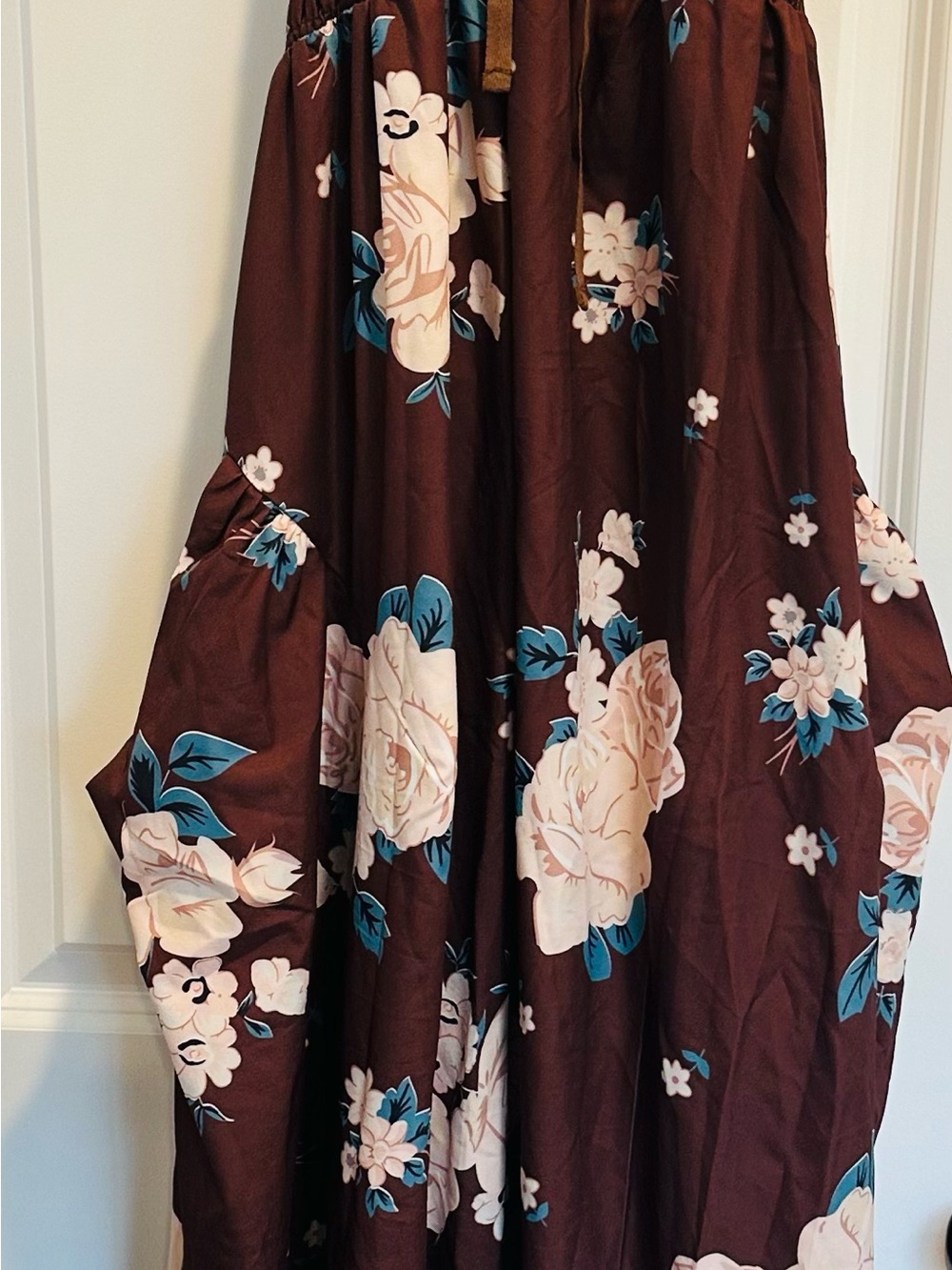Women’s Brown Floral Maxi Halter Dress with Pockets